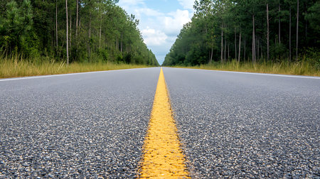Asphalt road in the forest with yellow line on the road.の写真素材