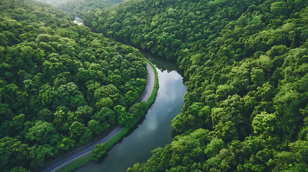 Aerial view of a river in a green forest. View from above.