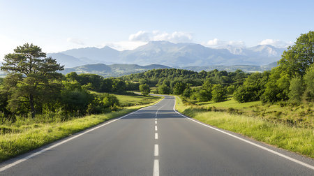 Asphalt road in the mountains. Landscape with asphalt road in the mountainsの写真素材