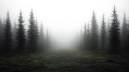 Foggy landscape with spruce trees in the foggy forest