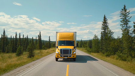A yellow semi truck on the road in the forest. Concept of transportation.