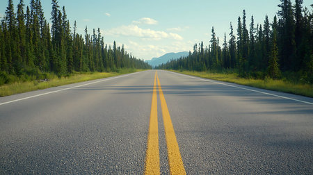 Road in the mountains. Summer landscape with asphalt road and blue sky.の写真素材