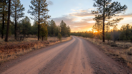 Sunset over a dirt road in the middle of a pine forestの写真素材