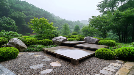 Outdoor garden with bench and table in a foggy day.の写真素材