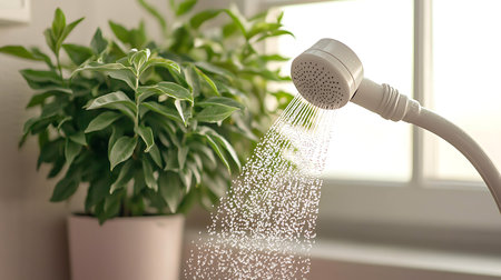 Shower head with water drops and green plants on the windowsillの写真素材