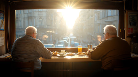 Two senior men drinking coffee and having breakfast in a cafe in Paris, Franceの写真素材