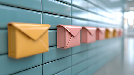 3d render of mail envelopes in a row on blue wallの写真素材