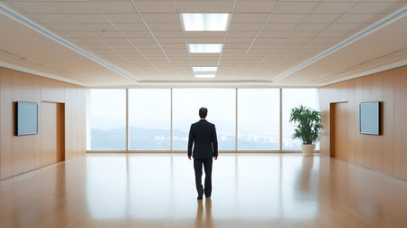 Rear view of businessman in modern office interior looking at city view
