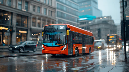 Double decker bus in the rainの写真素材