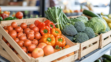 Fresh vegetables in wooden boxes on counter in supermarket, close-up