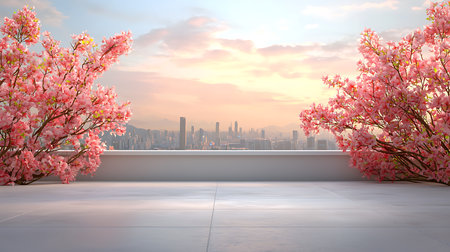 Empty terrace with cherry blossom and city view. 3D renderingの写真素材