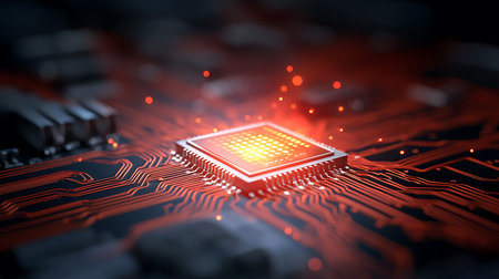 Close up of electronic circuit board with microchips. 3d rendering