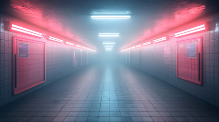 Futuristic corridor with glowing neon lights. 3D Renderingの写真素材