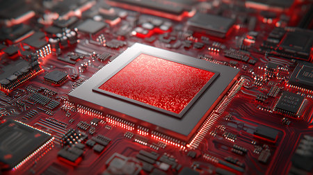 Close-up view of a modern GPU card circuit. 3D rendering