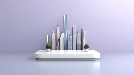 White podium with modern city skyline. 3d render illustration mock upの写真素材