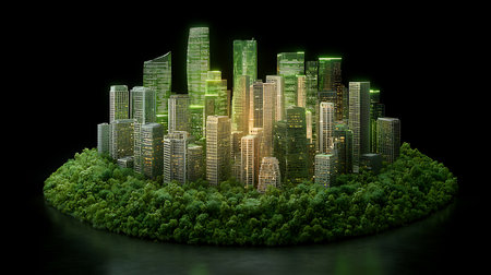 3d render of green island with skyscrapers and green treesの写真素材
