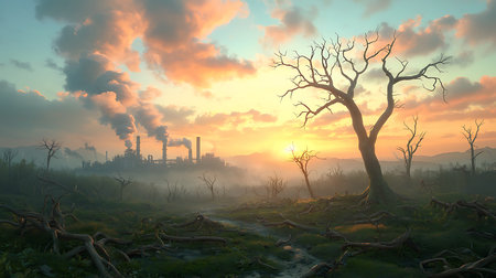 foggy landscape with industrial plant and dead trees, 3d render