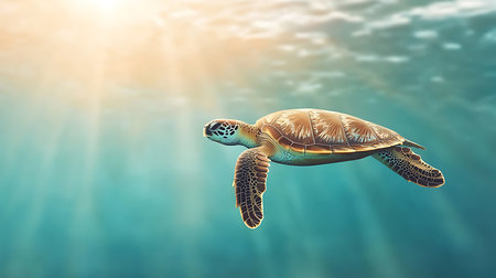 Green sea turtle swimming in the sea. 3D render illustration.の写真素材