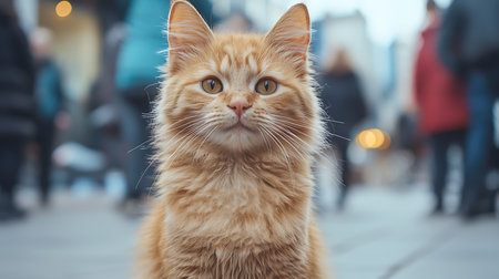Cute ginger cat in the city street. Shallow depth of field.の写真素材
