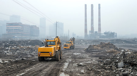 Yellow excavator on the background of a power plant in the fog