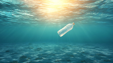 Plastic bottle floating in the ocean. 3d rendering underwater scene