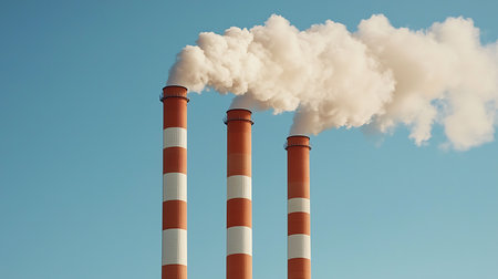 Smoke from factory chimneys against blue sky. Climate change conceptの写真素材