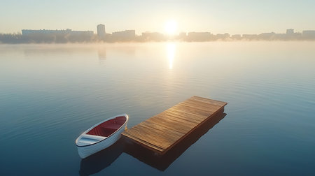 Boat on the lake at sunrise, with fog in the backgroundの写真素材
