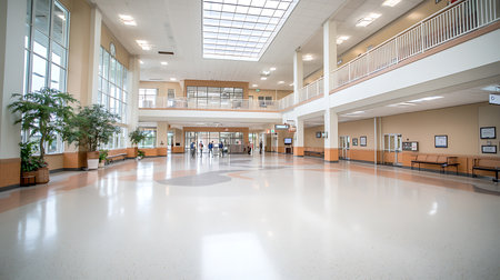Interior of a modern hospital corridor with white floor and people walkingの写真素材