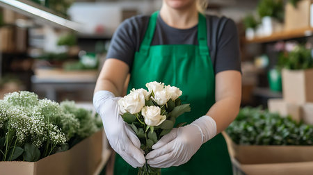 Female florist holding a bouquet of white roses in a flower shopの写真素材