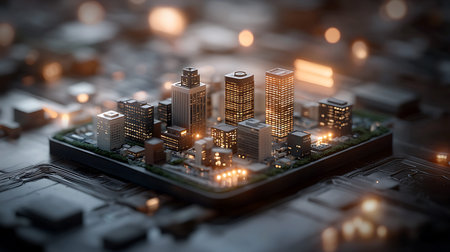 Close up of a modern city on a microcircuit. 3d renderingの写真素材