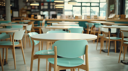 Empty cafe interior with tables and chairs. Toned image, shallow DOFの写真素材