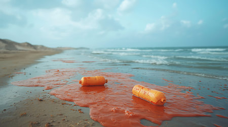 Red plastic bottles on the beach. Concept of pollution of the ocean.の写真素材