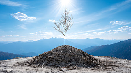 Conceptual image of a dead tree on top of a hillの写真素材