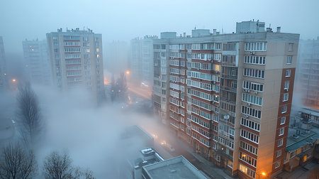 Aerial view of a foggy city street in the morning.の写真素材