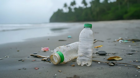 Plastic bottle on the beach. Pollution of environment concept.