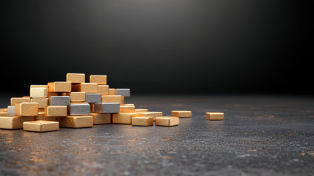 Conceptual image with cubes arranged in pyramid on dark backgroundの写真素材