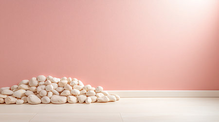 white stones on the floor in front of pink wall, 3d renderingの写真素材