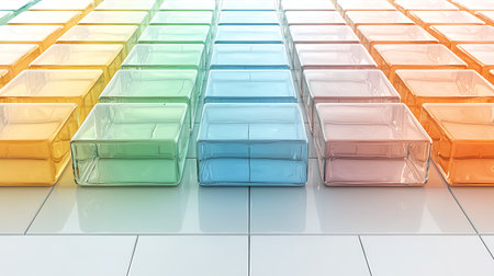 Colorful plastic boxes on the floor. 3d render illustration.