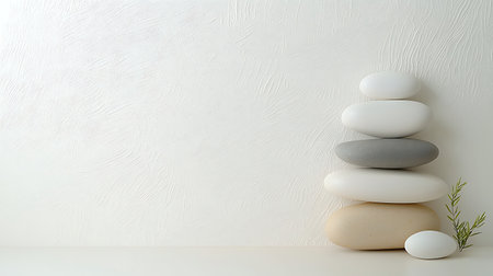 Stack of white zen stones on white table and white wall backgroundの写真素材