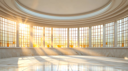 3d render of interior with large windows and white marble floor.の写真素材