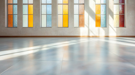 3d render of empty room with windows and floor tiles in sunlight