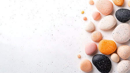 Colorful stones on white background. Top view with copy spaceの写真素材