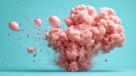 3D render of a cloud with pink balloons on a blue backgroundの写真素材