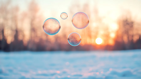 Beautiful soap bubbles on the background of the winter sunset. Shallow depth of field.の写真素材