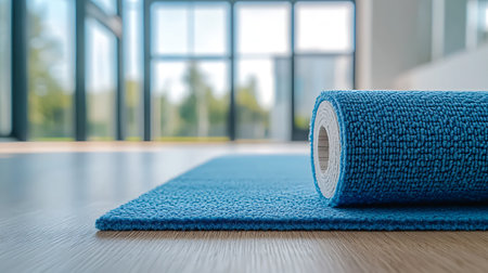 Roll of blue yoga mat on wooden floor in fitness gym room.の写真素材