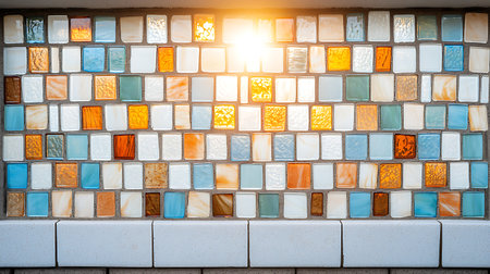 Colorful ceramic tile wall background with sun light, Bangkok, Thailand.の写真素材
