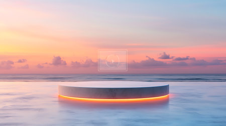 3d render, abstract minimal scene with round podium, blue sky, sea and sunsetの写真素材