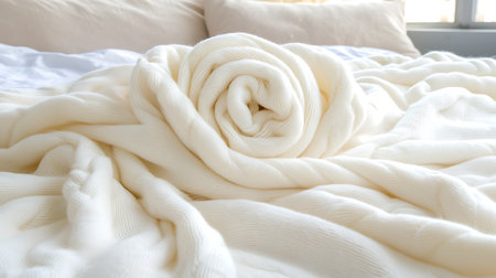 White towel on the bed in the morning, soft focus background.の写真素材