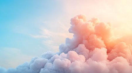 3D illustration of white fluffy clouds in the blue sky at sunset