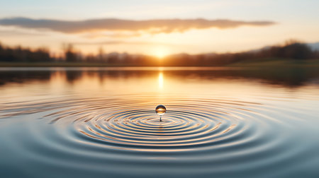 Water drop on the surface of the water with a beautiful sunset in the backgroundの写真素材
